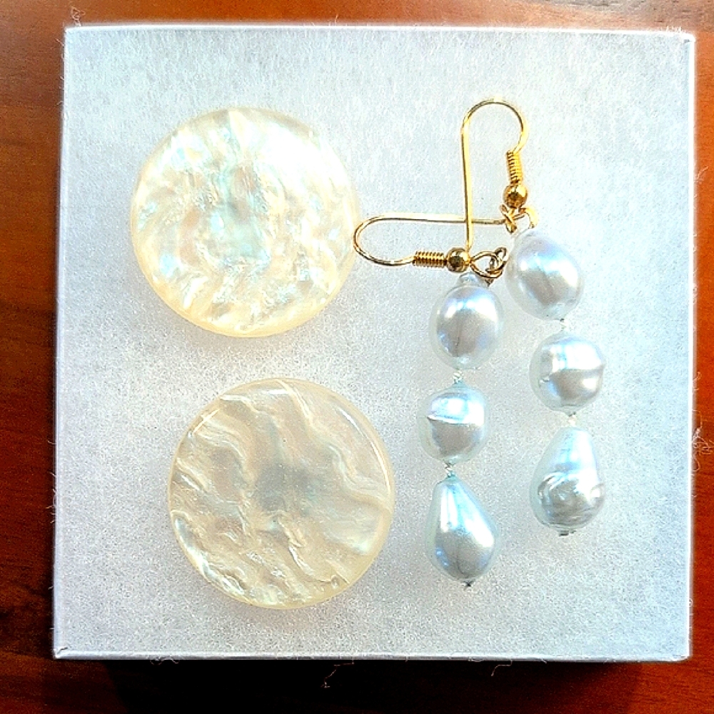 Lot of 2 New Handmade Earrings Gold & White Dangle Faux Pearls & Cream Buttons